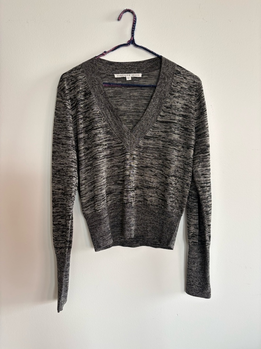Veronica Beard Black-Gray Marled V-Neck Sweater